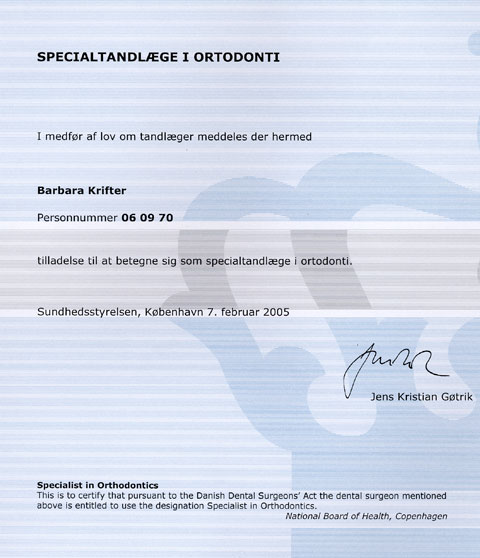 Certifikat for specialtandlæge Barbara Rank